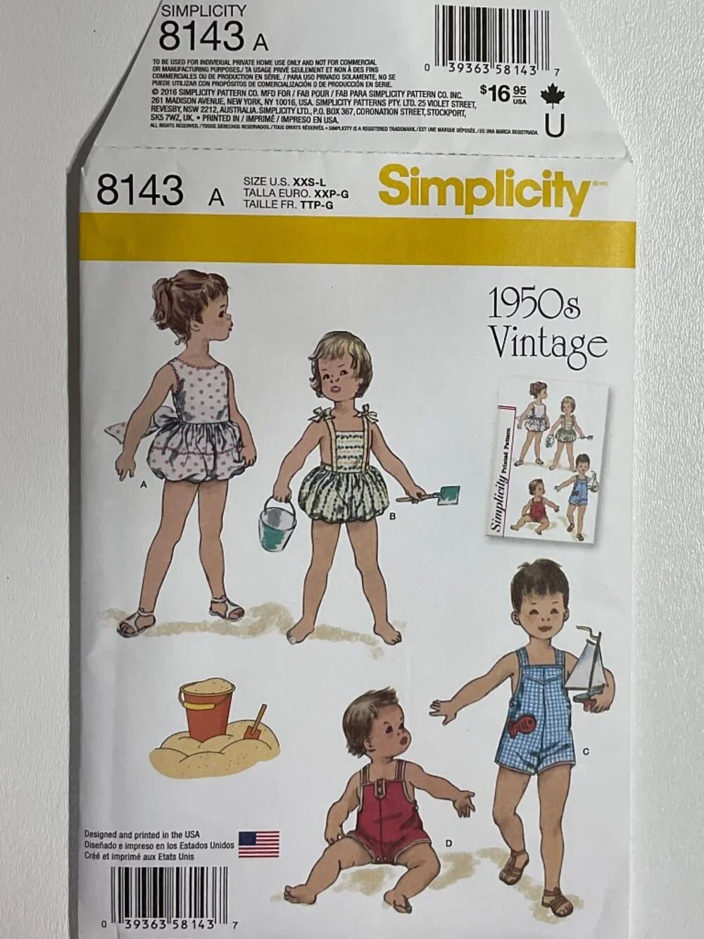 Simplicity 8143 Babies Set of One-Piece Playsuits Retro Vintage Uncut 1950s